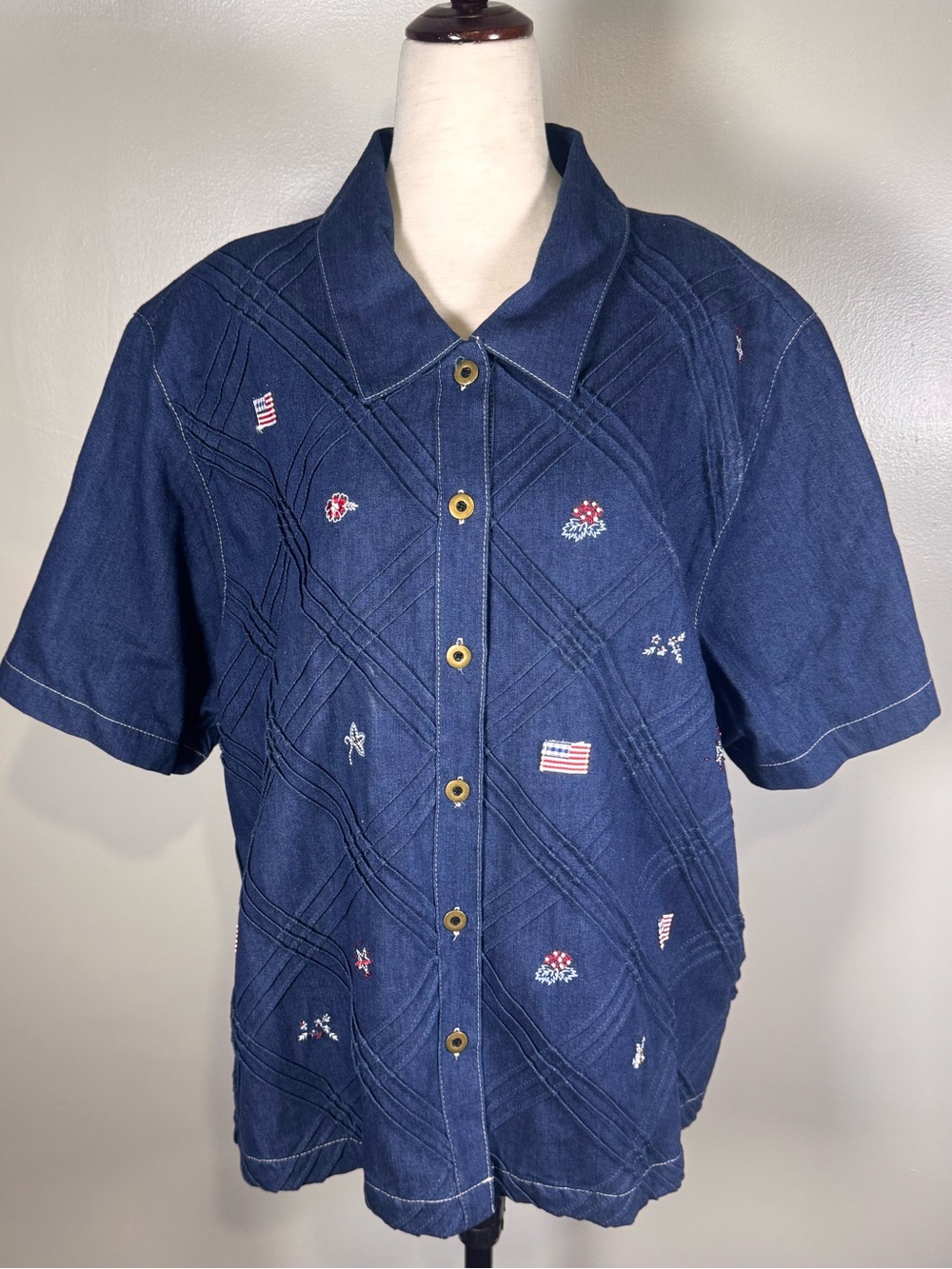 Vintage 90s Koret City Blues Sz 22W Embroidered Americana Denim Chambray Shirt